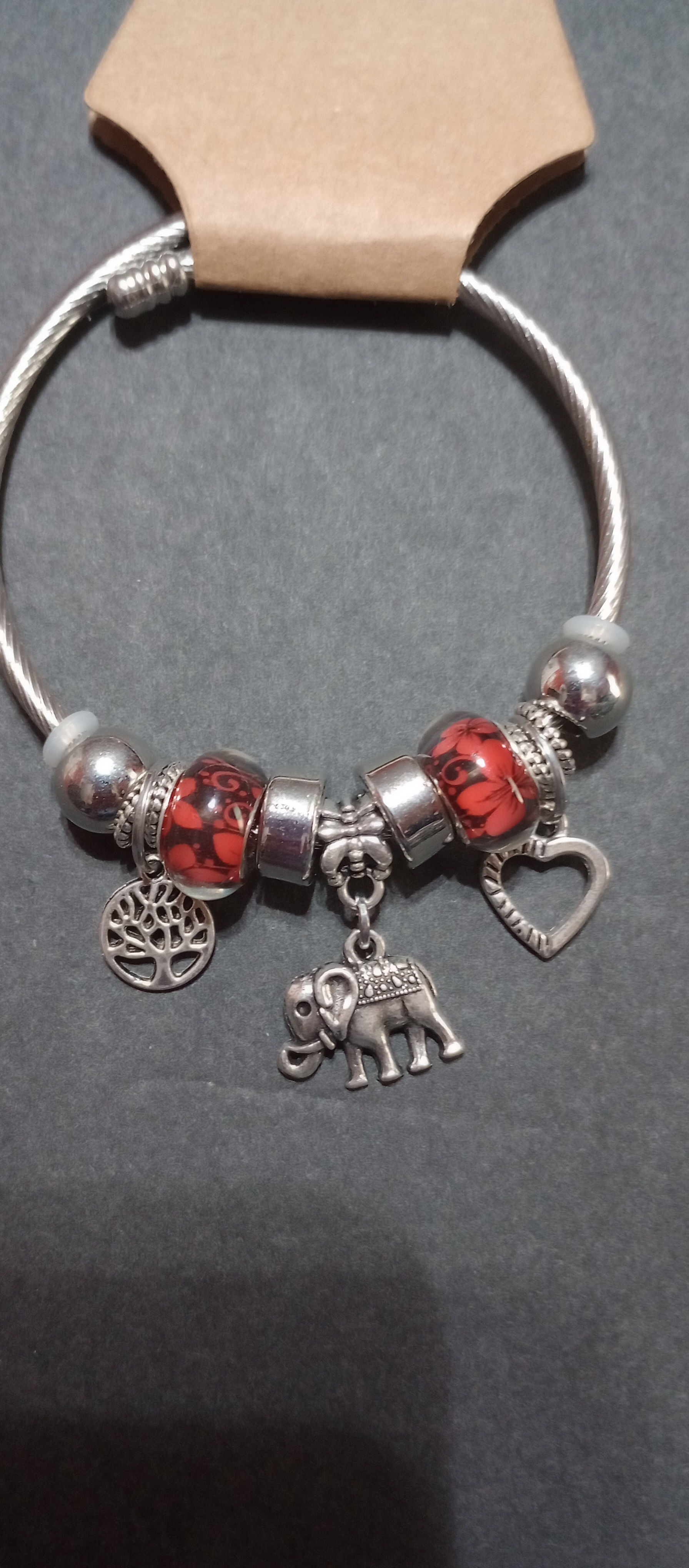Silver and Red Glass Beads with Family Tree, Elephant & Heart Bracelet
