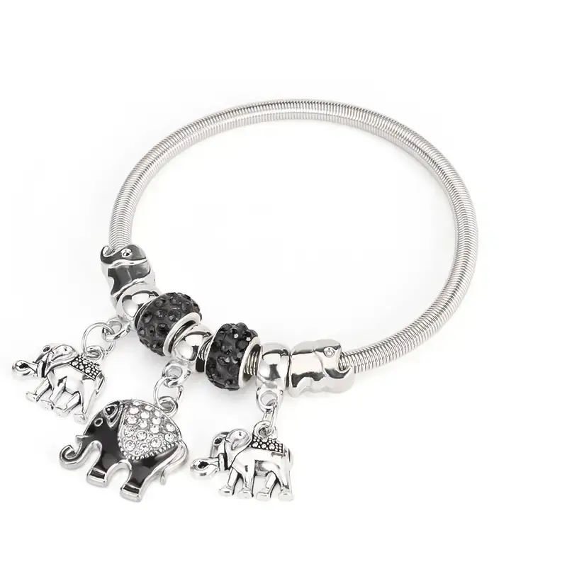 Silver & Black Crystals with Three Elephants Bracelet