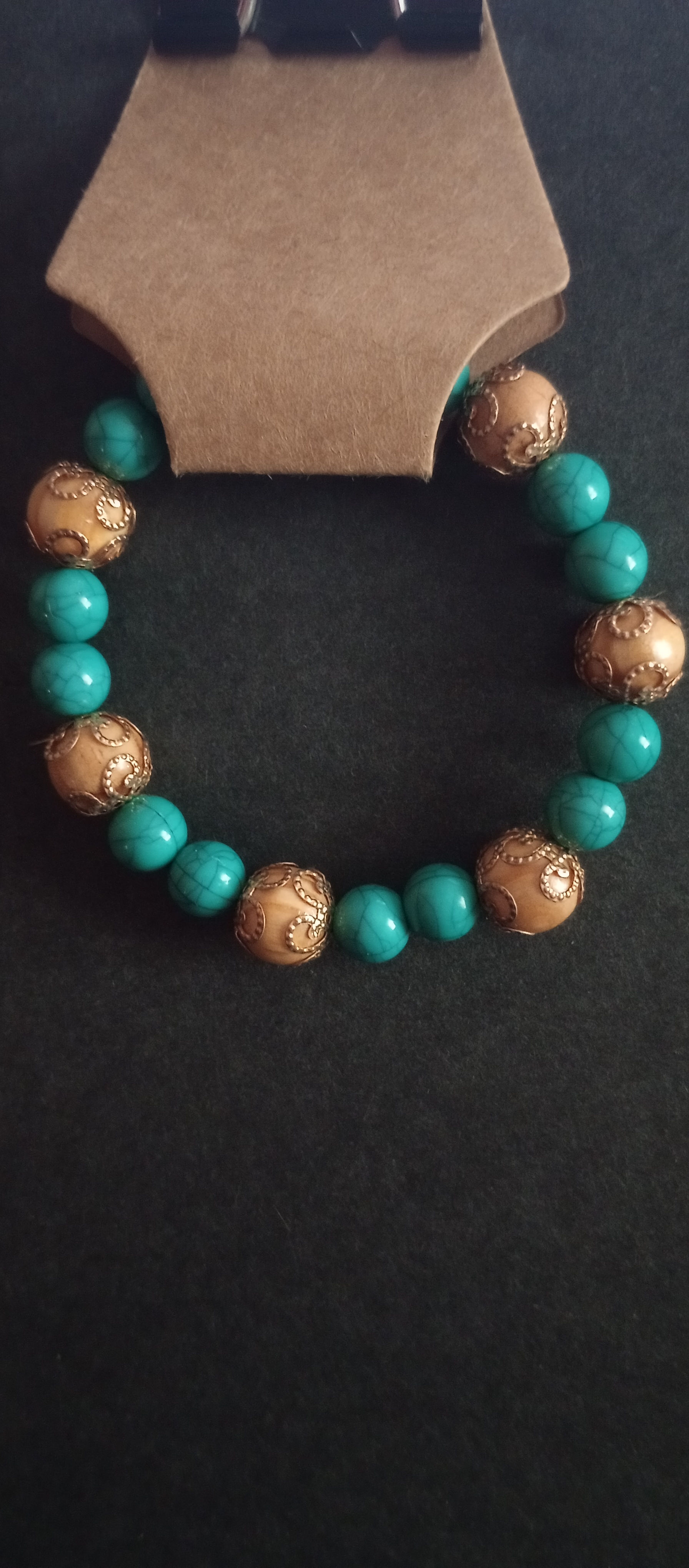 Turquoise Wooden Bead Bracelet with Golden Accents