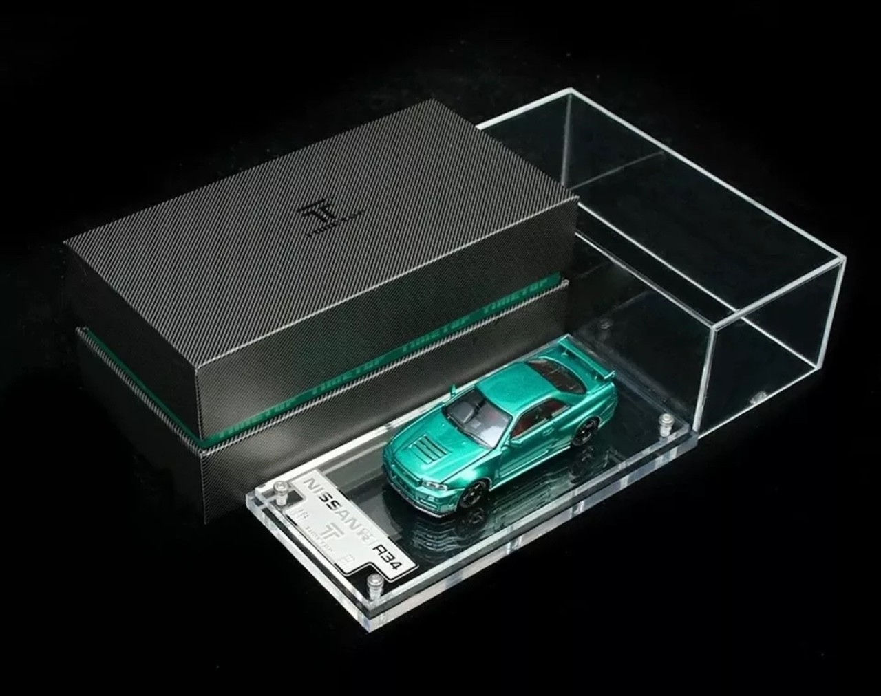 NISSAN SKYLINE R34 CARBON FIBER GREEN HOOD OPENS 1/64 DIECAST CAR BY TIMETOP