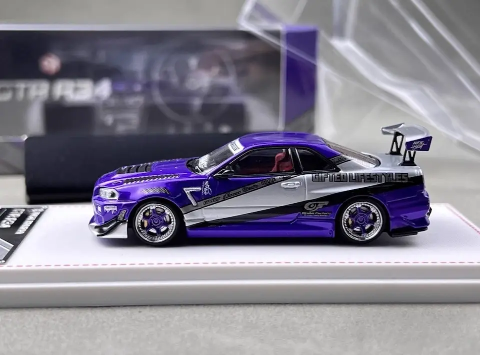 Thumbnail: NISSAN SKYLINE GT-R R34 RYOHES VIOLET HOOD OPENS 1/64 CAR BY FOCAL HORIZON