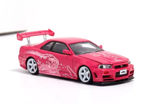 NISSAN SKYLINE GT-R R34 PINK CARTOON HOOD OPENS 1/64 DIECAST CAR