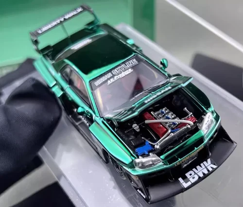 NISSAN SKYLINE GT-R ER34 LBWK CHROME GREEN 1/64 DIECAST CAR BY
