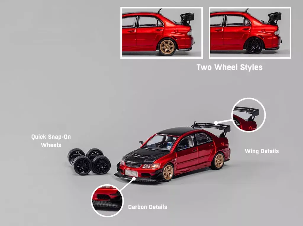 MITSUBISHI LANCER EVO IX CARBON FIBER RED WITH EXTRA WHEELS 1/64 CAR CM MODELS