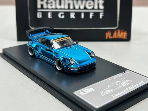 PORSCHE RWB 964 CHROME BLUE 1/64 DIECAST CAR MODEL BY FLAME MODELS