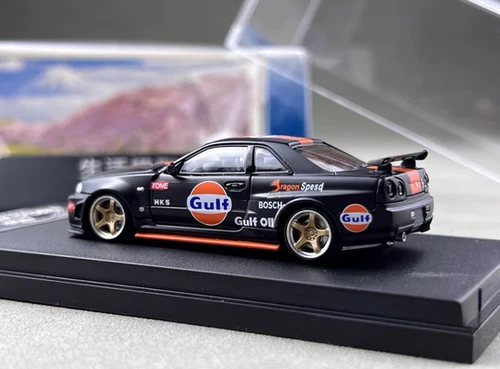 NISSAN SKYLINE GT-R R34 BLACK GULF LIVERY 1/64 DIECAST CAR BY FUJI