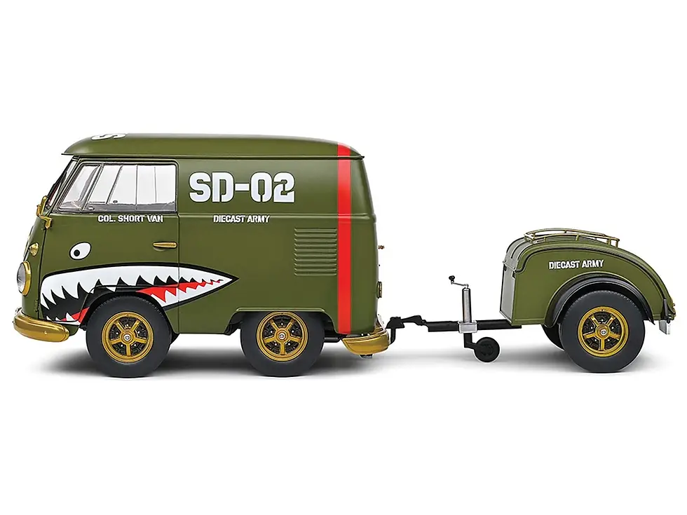 Thumbnail: 1950 VOLKSWAGEN KOOL KOMBI VAN WITH TRAILER ARMY FIGHTER 1/18 BY SOLIDO S1810901