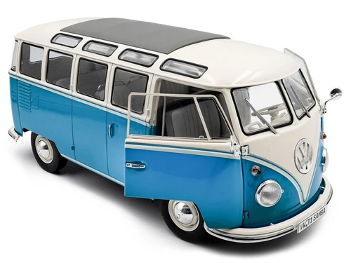 1962 VOLKSWAGEN T1 SAMBA BUS BABY BLUE & WHITE 1/18 DIECAST BY