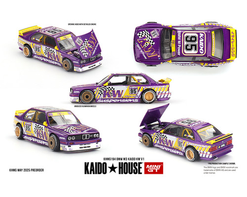 BMW M3 E30 KW V1 PURPLE YELLOW 1/64 DIECAST CAR BY MINI GT KAIDO