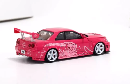 NISSAN SKYLINE GT-R R34 PINK CARTOON HOOD OPENS 1/64 DIECAST CAR
