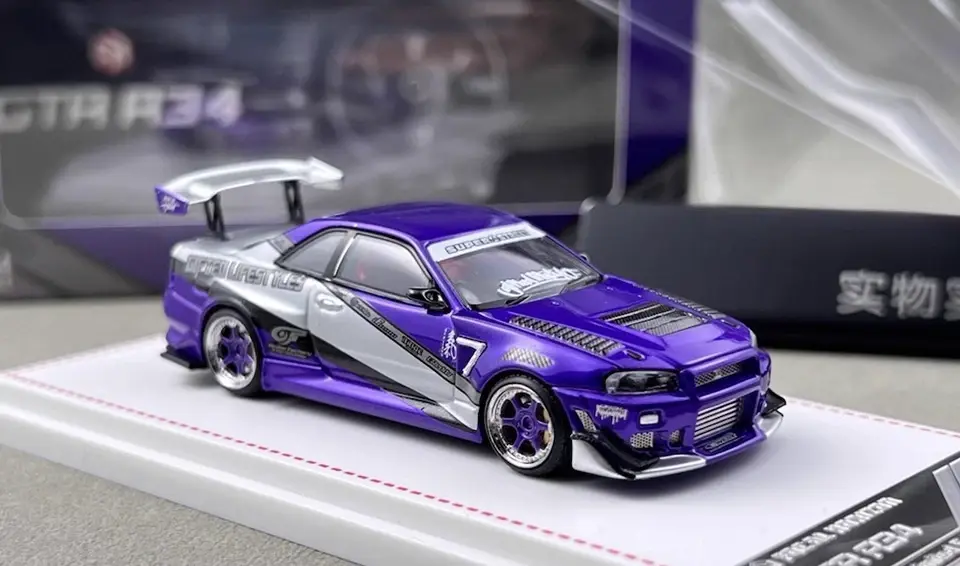 Thumbnail: NISSAN SKYLINE GT-R R34 RYOHES VIOLET HOOD OPENS 1/64 CAR BY FOCAL HORIZON