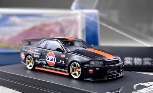 NISSAN SKYLINE GT-R R34 BLACK GULF LIVERY 1/64 DIECAST CAR BY FUJI