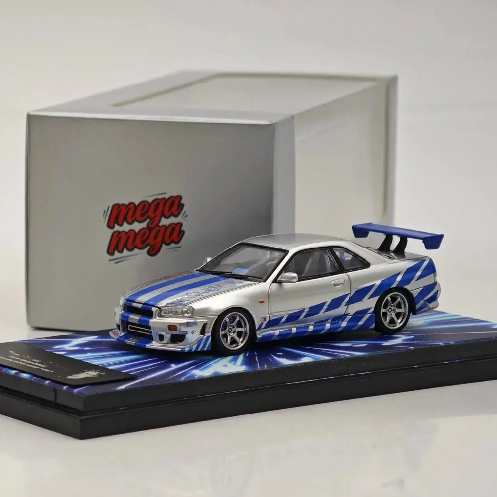NISSAN SKYLINE GT-R R34 FNF PAUL WALKER HOOD OPENS 1/64 DIECAST CAR BY MEGA MEGA