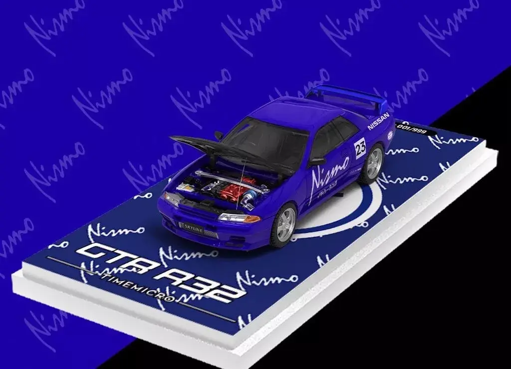 NISSAN SKYLINE GT-R R32 NISMO #23 HOOD OPENS BLUE 1/64 DIECAST CAR BY TIME MICRO