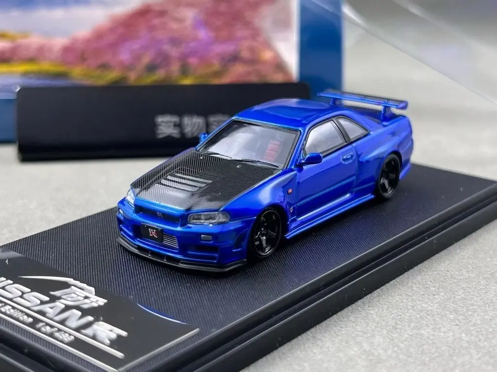 NISSAN SKYLINE GT-R R34 NISMO Z-TUNE HI END BAYSIDE BLUE CARBON HOOD 1/64 FUJI