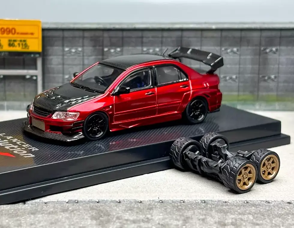 Thumbnail: MITSUBISHI LANCER EVO IX CARBON FIBER RED WITH EXTRA WHEELS 1/64 CAR CM MODELS