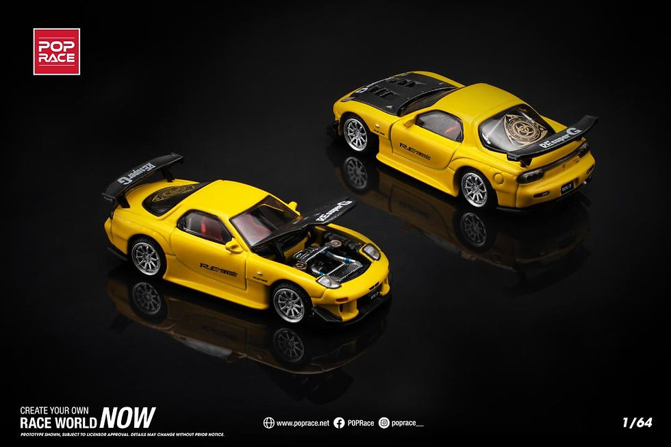 Thumbnail: MAZDA RX-7 RE-AMEMIYA WIDE BODY HOOD OPENS YELLOW 1/64 DIECAST CAR BY POP RACE