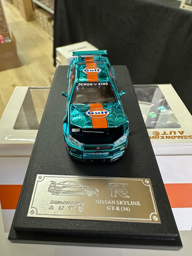 NISSAN SKYLINE GT-R R34 GULF CHROME HOOD OPENS 1/64 DIECAST CAR BY