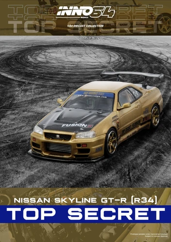 NISSAN SKYLINE GT-R R34 TOP SECRET GOLD 1/64 DIECAST CAR BY INNO