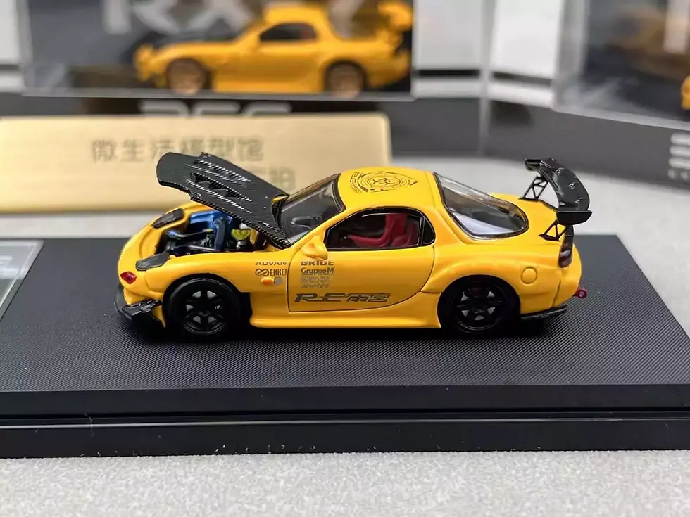 Thumbnail: MAZDA RX-7 FD3S YELLOW WITH BLACK WHEELS HOOD OPENS 1/64 DIECAST CAR BY BSC