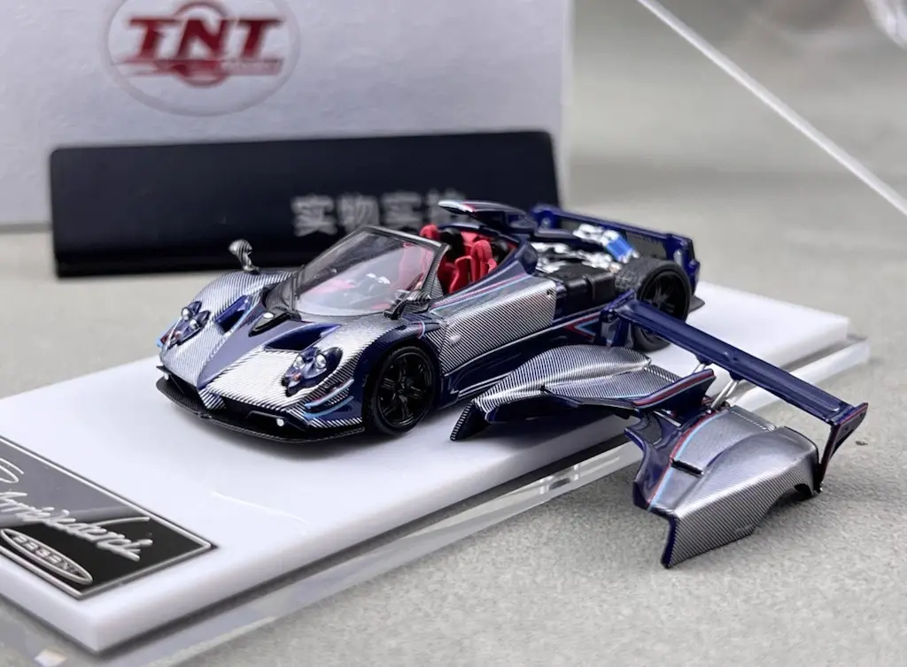PAGANI ZONDA ARRIVEDERCI SILVER BLUE HOOD COMES OFF 1/64 CAR BY TNT MODELS