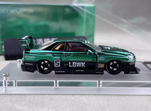 NISSAN SKYLINE GT-R ER34 LBWK CHROME GREEN 1/64 DIECAST CAR
