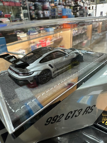 PORSCHE 992 GT3 RS SILVER HIGH END BASE 1/64 DIECAST CAR MODEL BY