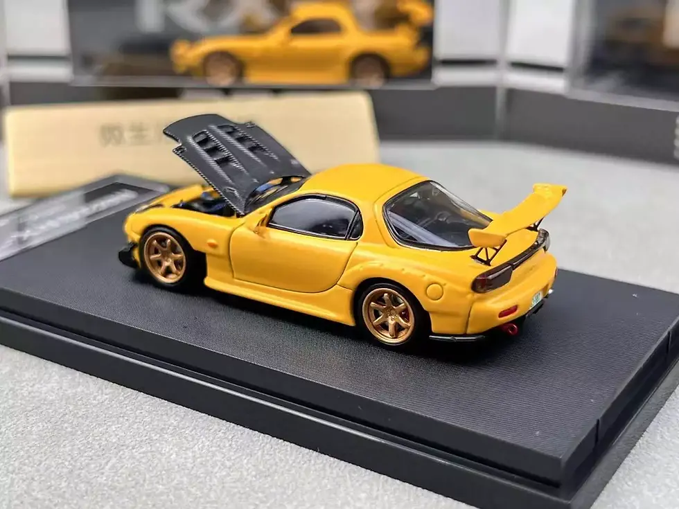 Thumbnail: MAZDA RX-7 FD3S YELLOW WITH GOLD WHEELS HOOD OPENS 1/64 DIECAST CAR MODEL BY BSC