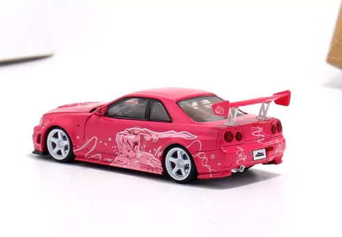NISSAN SKYLINE GT-R R34 PINK CARTOON HOOD OPENS 1/64 DIECAST CAR