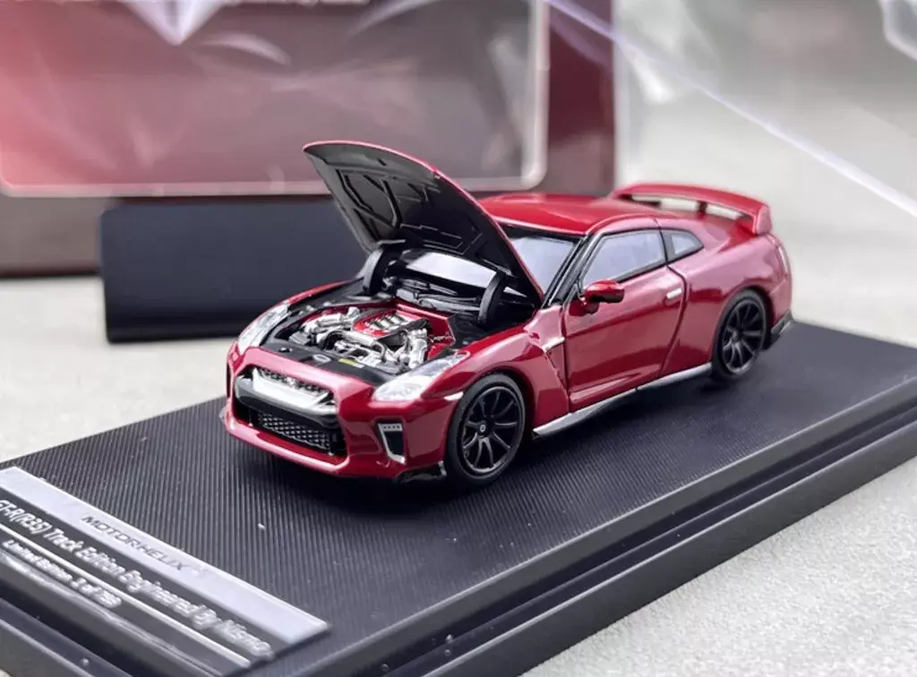 NISSAN SKYLINE GT-R R 35 RED HOOD OPENS 1/64 DIECAST CAR BY MOTOR HELIX