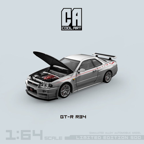 NISSAN SKYLINE GT-R R34 SILVER HOOD OPENS 1/64 SCALE DIECAST CAR