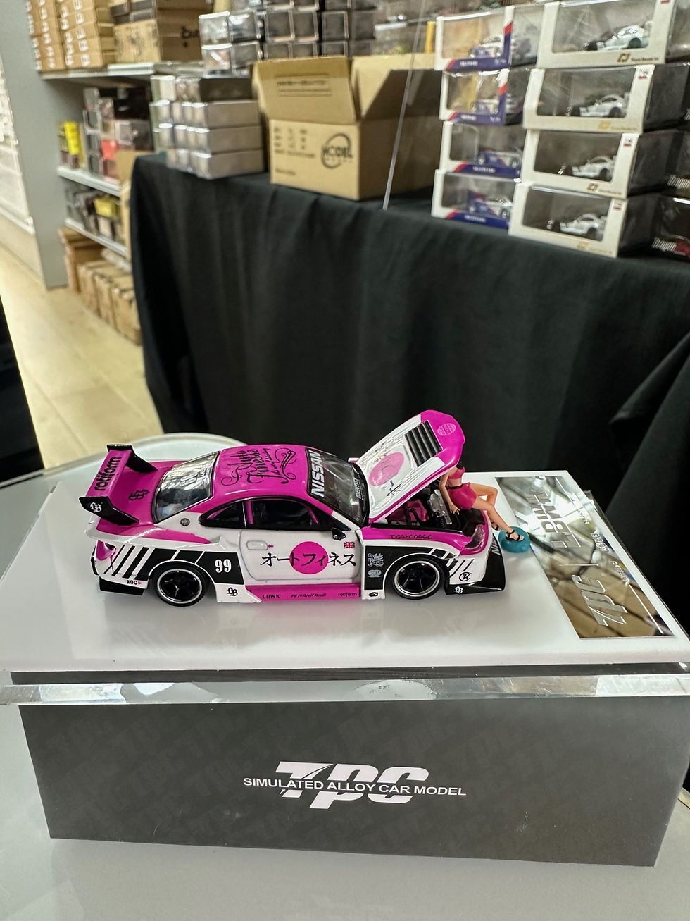 Thumbnail: NISSAN SILVIA S15 PINK WHITE LBWK WITH FIGURE HOOD OPENS 1/64 DIECAST CAR BY TPC