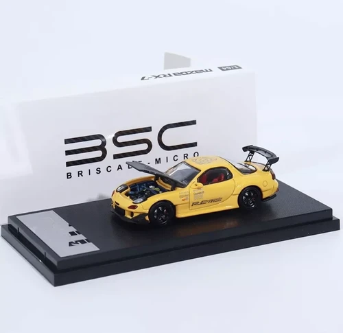 MAZDA RX-7 FD3S YELLOW WITH BLACK WHEELS HOOD OPENS 1/64 DIECAST