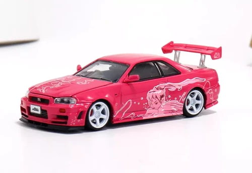 NISSAN SKYLINE GT-R R34 PINK CARTOON HOOD OPENS 1/64 DIECAST CAR