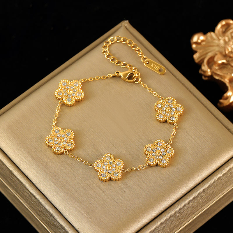 Thumbnail: EILIECK New Fashion Stainless Steel Pink Zircon Clover Necklace Bracelet Earring