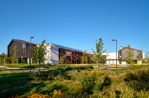 An outside image of the exterior of the credit union building with landscaping and a path.