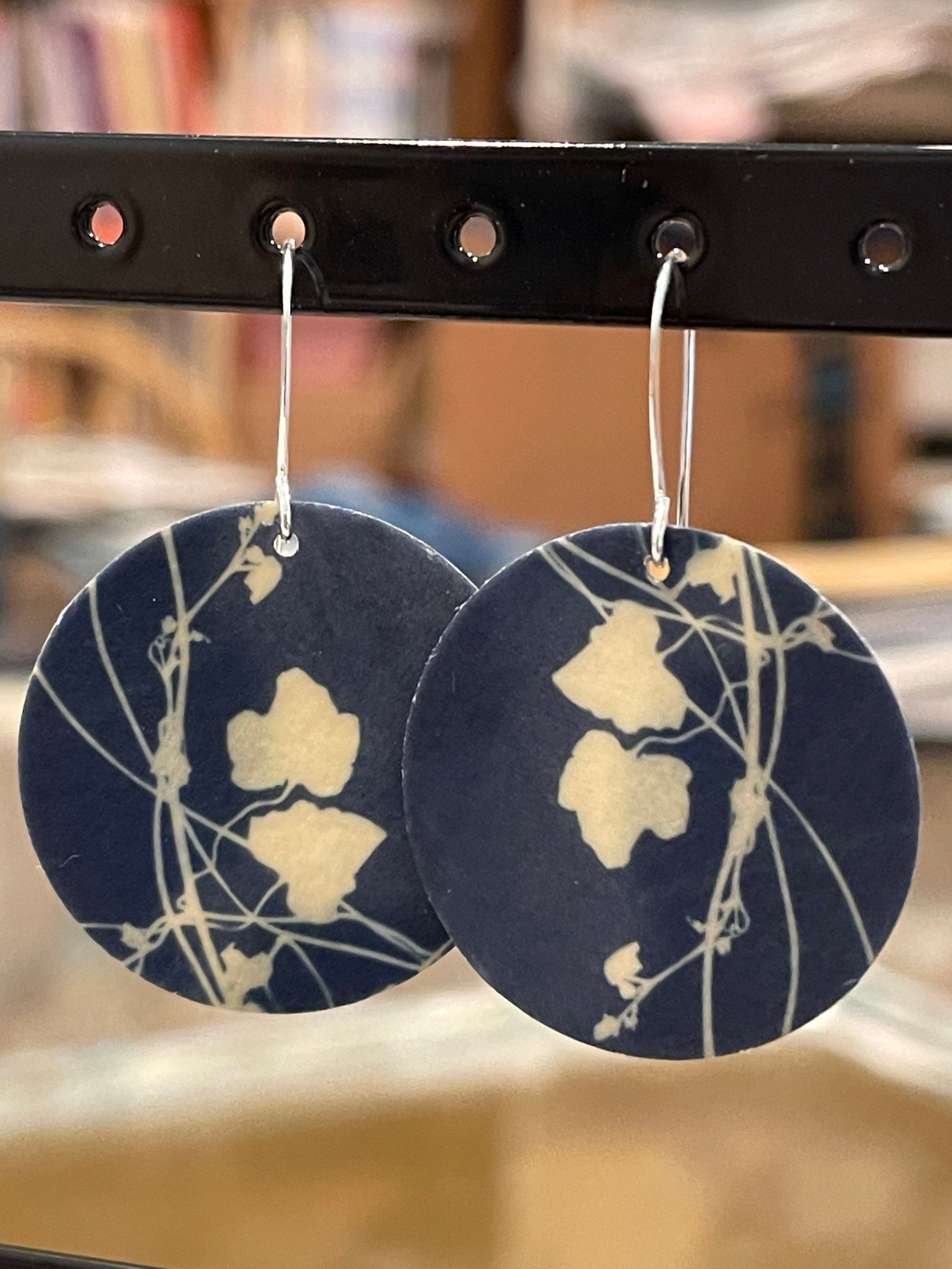 Cyanotype Earrings- Large Circle Vines