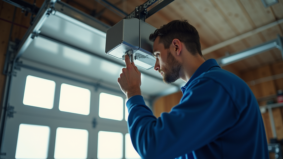 Eye-level view of a technician inspecting a garage door opener