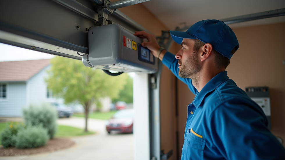 Eye-level view of a technician installing a new garage door opener