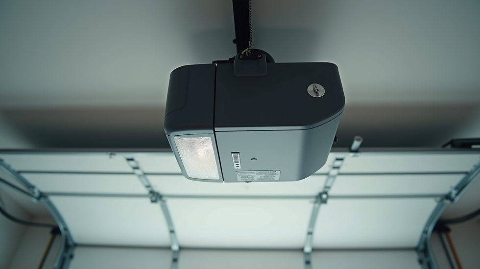 Close-up view of a garage door opener motor installed on the ceiling