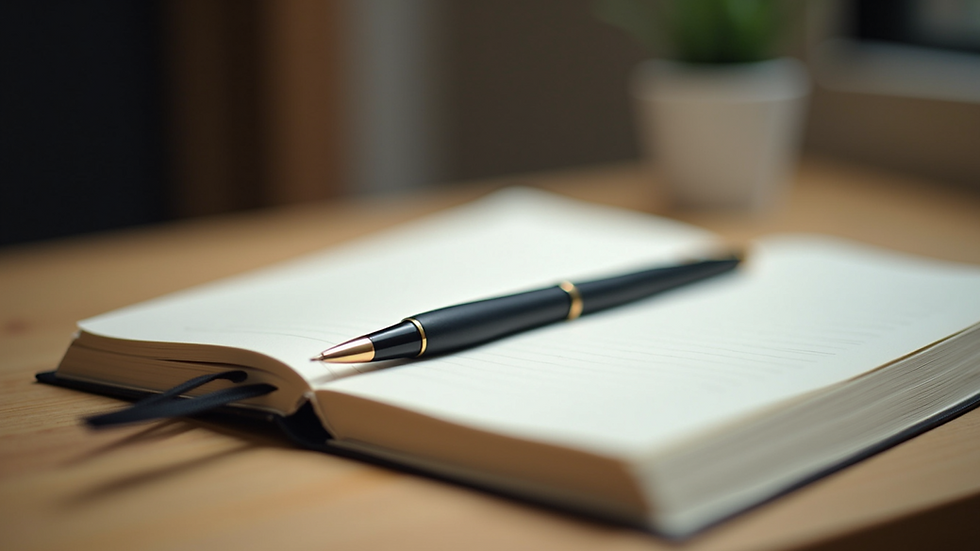 Close-up view of a journal and a pen on a wooden desk
