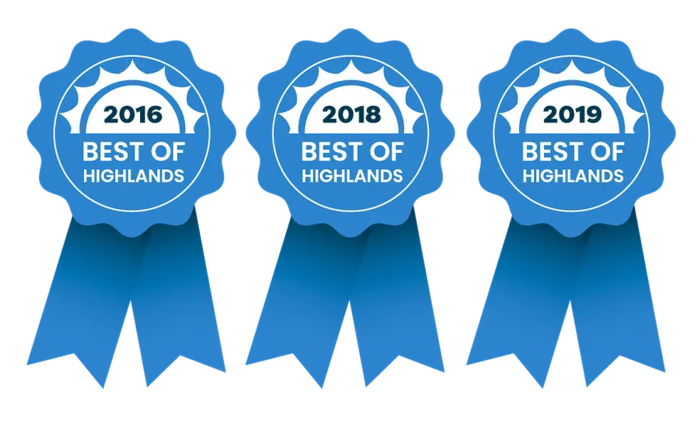 Best of Highlands Award Ribbons for years 2016, 2018, 2019.