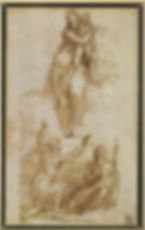 Sketch of ethereal figures on clouds; two ascend with radiant light, two below gesture upwards. Sepia tones convey a mystical atmosphere.