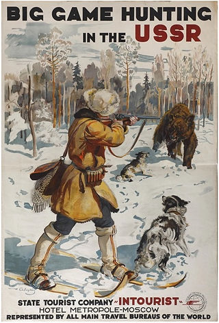 Intourist Travel Poster featuring a hunting scene
