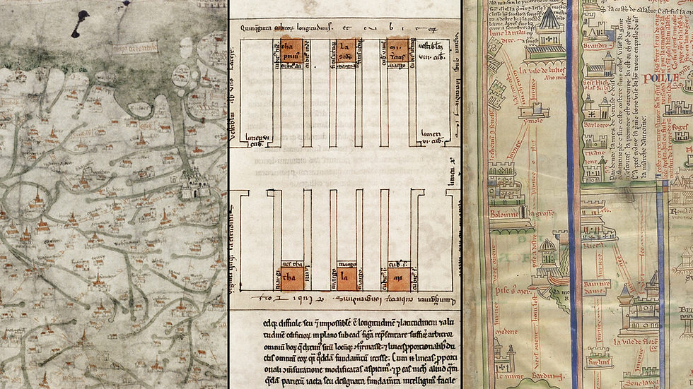 side-by-side of unique medieval maps. The first is zoomed in on a detailed map of central England, showing thick rivers, towns placed around the landscape, and a castle drawing. The second is an architectural-type drawing of a gatehouse, with sections labelled and colored. The third contains text and drawings of castles and towns set vertically, with text in many directions and colours describing the route and scenes along an itinerary.