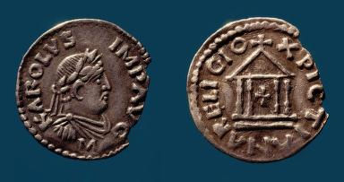 The silver denier, marked “M” for Mainz, features Charlemagne as a classical imperial bust, and a temple of the reverse.