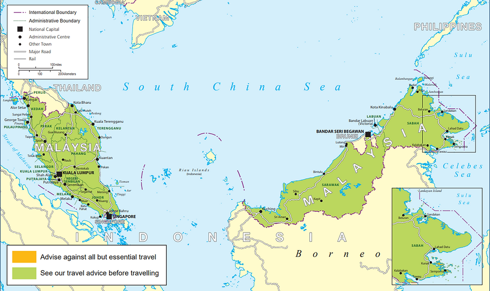 Map of Malaysia, with the Malay peninsula in the West, and the Bornean states of Sabah and Sarawak in the East. (Credit: The Foreign, Commonwealth & Development Office).