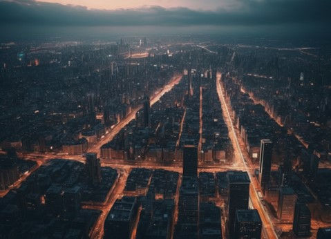 The image shows a bird’s eye view of Chicago, Illinois with the roads made visible by street lighting and vehicles. The buildings and skyline remain darker with little depiction of natural light.