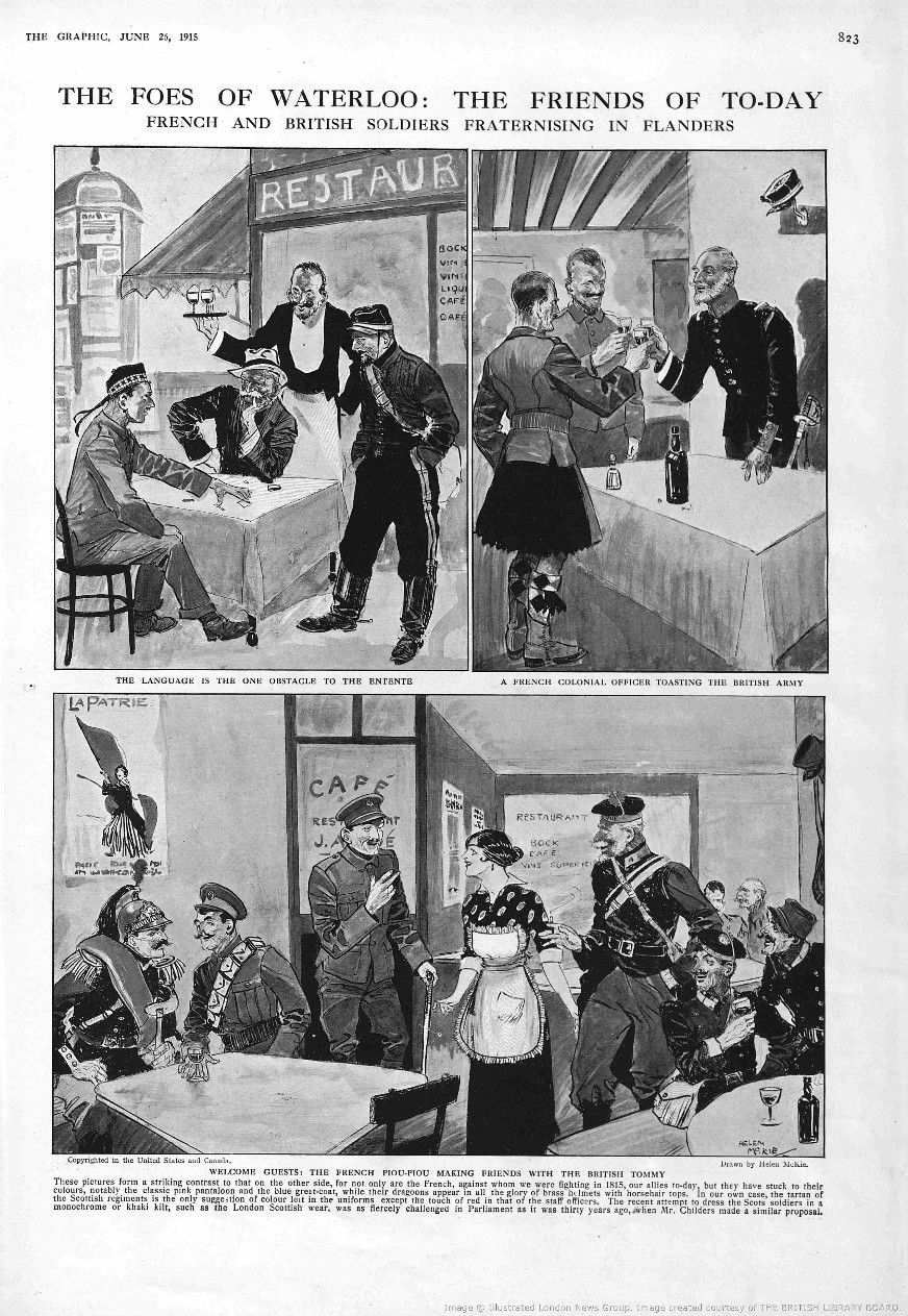 A comical cartoon depicting British and French soldiers fraternising at a wine bar in Flanders.