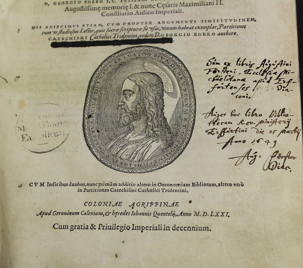 A man's profile facing left with a dedication of Förster and a crossed-out ownership entry also on the title page of the book